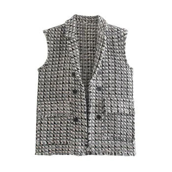 Houndstooth Tweed Vest Kvinder 2021 Casual Kvaster Pullover Vintage Ærmeløs Dobbelt Breasted Revers Kvindelige Vest Toppe