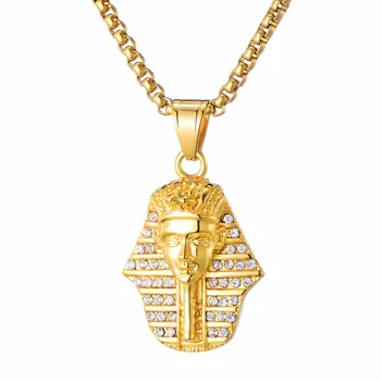 HIP Hop Bling Iced Out Crystal Egyptiske Farao Vedhæng & Halskæder til Mænd, Smykker, Guld, Titanium, Rustfrit Stål Dropshipping