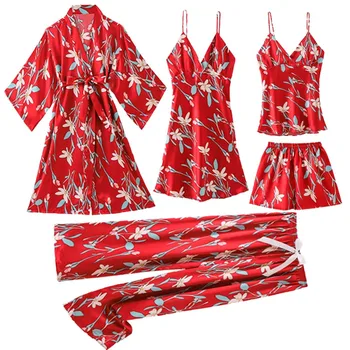 Blomst Satin Nattøj Kvindelige 5PCS Pyjamas, der Passer Med Bryst-Pads Trykt Kimono Kjole Sommer Kjole Is Silke Intime Lingeri