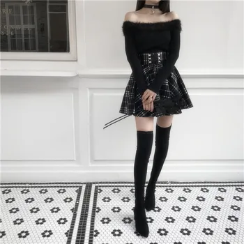 Gothic Lolita Nederdel Kvinder 2021 Forår, Efterår, Vinter Højtaljede Lace-up Kort Plaid i Uld Nederdele, Mini tutu femme