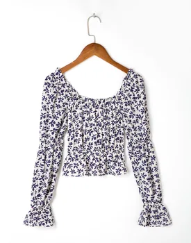 2021 Sommeren Vintage Blomster Print Afgrøde Shirt i Retro Ruched Elastisk Tilbage Firkantet Krave Lange ærmer Korte Bluse Toppe