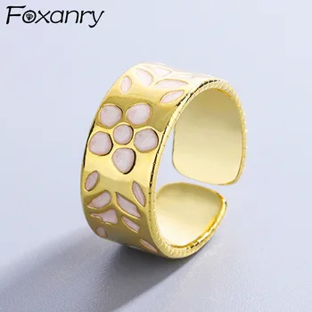 Foxanry 925 Sterling Sølv, Bred Ringe til Kvinder INS Mode Elegante Søde Kreative Blomster Design Party Smykker Fødselsdag Gaver