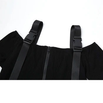 Gothic Black Off Skulder Kvinder Tees Lynlås Korte Ærmer straps T-Shirt 2021 Sommer Fashion Streetwear Kausale Kvindelige Crop Tops