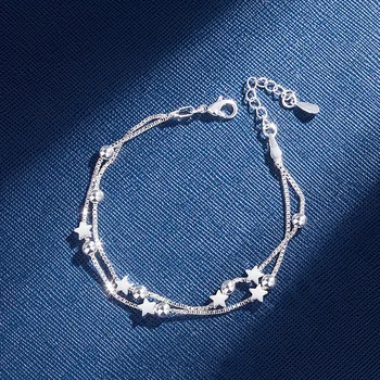 925 Sterling Sølv Double Layer-Stjernede Perle Blomst Armbånd Til Kvinder, Armbånd Elegante Box Chain Fødselsdag Gave