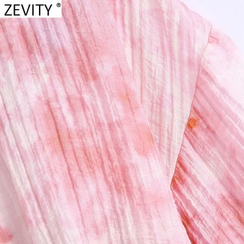 Zevity Nye Kvinder Vintage V Hals Pink Bundet Farvet Udskrivning af Kort Bluse med Smock Kvindelige Kimono Trøje Smarte Slanke Blusas Crop Tops LS9281