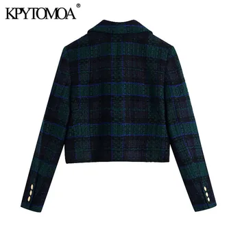 KPYTOMOA Kvinder 2021 Mode Dobbelt Breasted Tweed Beskåret Blazer Vintage Pels Lange Ærmer Kvindelige Overtøj Smarte Vest Femme