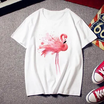 Sommeren Kvinde T-shirt Kvinder Harajuku Print Flamingo Casual Mode Tshirt O-hals Hvide Toppe Kvindelige Kort Ærme T-shirts