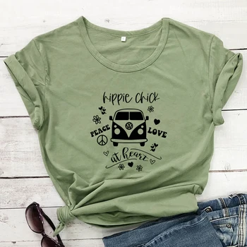 Hippie Chick På Hjerte T-shirt Kvinder Vintage Boho Hippie Sjæl Tshirt Sjove Happy Camper Graphic Tee Skjorte Top