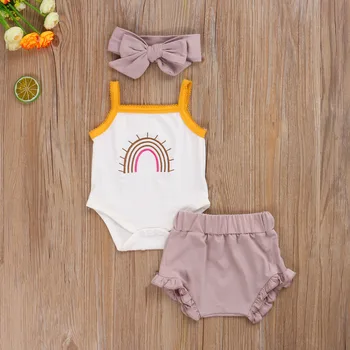 Tre Stykke Baby Pige Tøj Frisk Rainbow Hofteholder ensfarvet Buksedragt Shorts, Bukser med Hovedbøjle