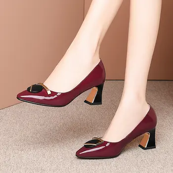 Tykke hæle kvinder med høj hæl sko i ægte læder mærke til høje hæle party kvinder sko kontor damer, sko-størrelse:34-42
