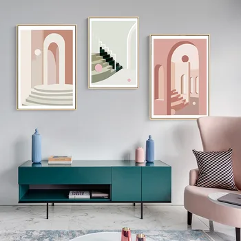 Moderne Abstrakte Pink Geometri Bygning Lærred Maleri Trapper Buet Dør, Væg Kunst, Nordisk Plakat og Print Billeder, der er Hjem Deocr