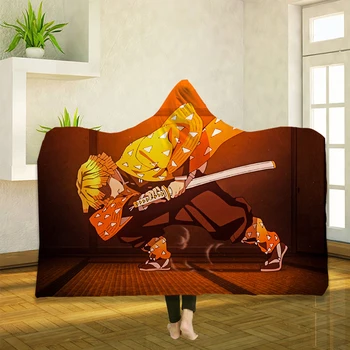 Anime Demon Slayer 3D-Print Smide Hætteklædte Tæppe Bærbare Varm Fleece Sengetøj Kontor Dyner Blødt Voksne Rejser 02