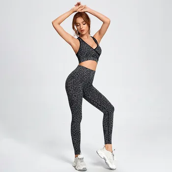 Høj Talje Leopard Problemfri Yoga Sæt Træningstøj Til Kvinder Fitnesscenter Sæt Fitness Beklædning 2 Stykke Tøj, Sports Yoga Kulør