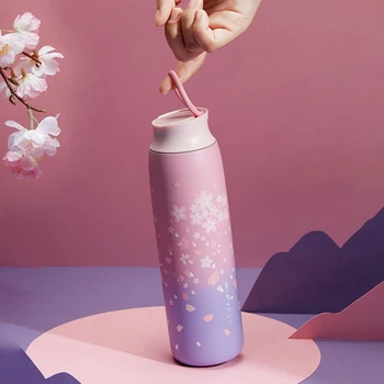 Japansk Stil Sakura Bærbare Termokande Rejse Kaffebæger Isoleret Cup 304 Rustfrit Stål Vakuum Kolbe Med Vand Flasker For Piger