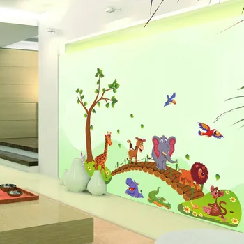3D-Tegnefilm Jungle wild animal træ bro løve, Giraf, elefant fugle, blomster wallstickers til børneværelset stue home decor