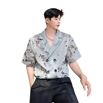 2021 Sommeren Mænds Dobbelt Breasted Løs Casual Tynd Lys Vintage Kort Ærme Blomst Shirts Korean Style Mand Stranden Shirts Mand