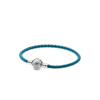 2020 Nye Sommer 925 Sterling Sølv Muslingeskal Lås Turkis Flettet Læder Armbånd Til Kvinder Fødselsdag Mode Smykker Gave