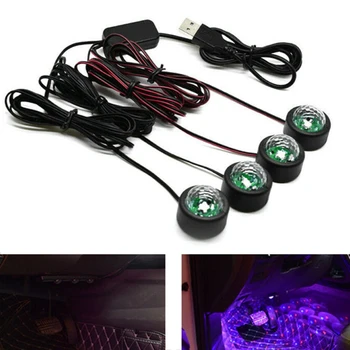 1 sæt Fodrummet Lys USB Bil LED Atmosfære decoraLamp farverige sound control Interiør Omgivende lys, fuld af stjerner, man slæber fire